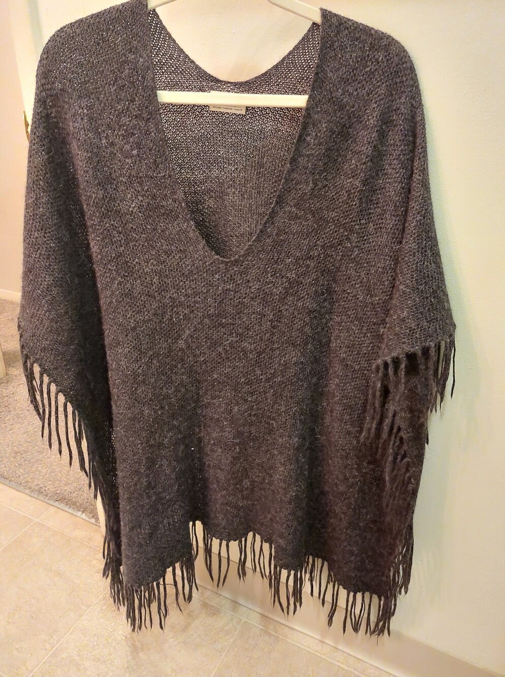 Charcoal Fringe V-Neck Sweater Poncho - Women's Sweater
